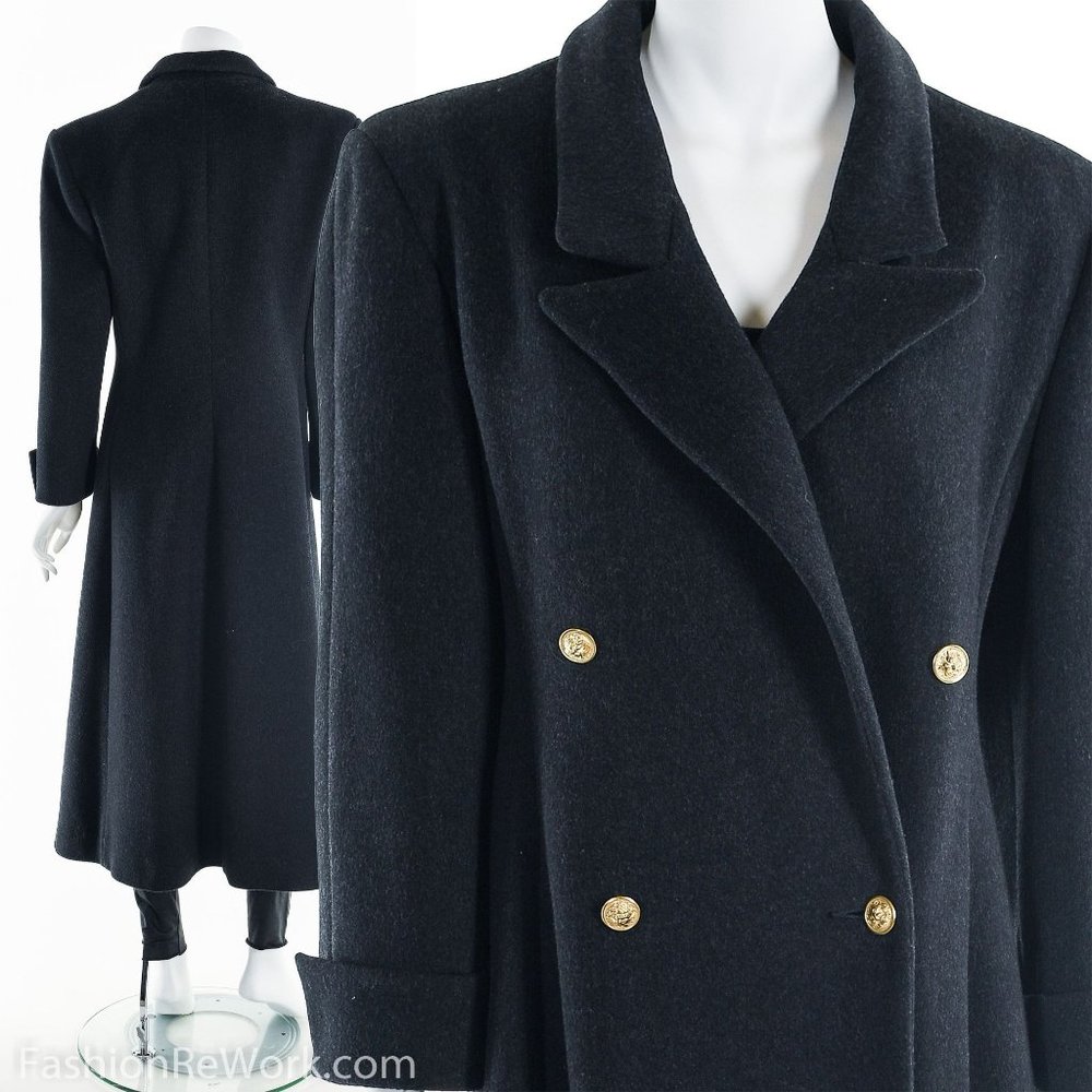 Nautical Wool Trench Coat,Double Breasted Coat,Gold Loin Butto Peacoat,Charcoal